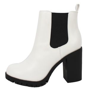 White Chelsea Pull on Tab Lug Block Ankle Bootie